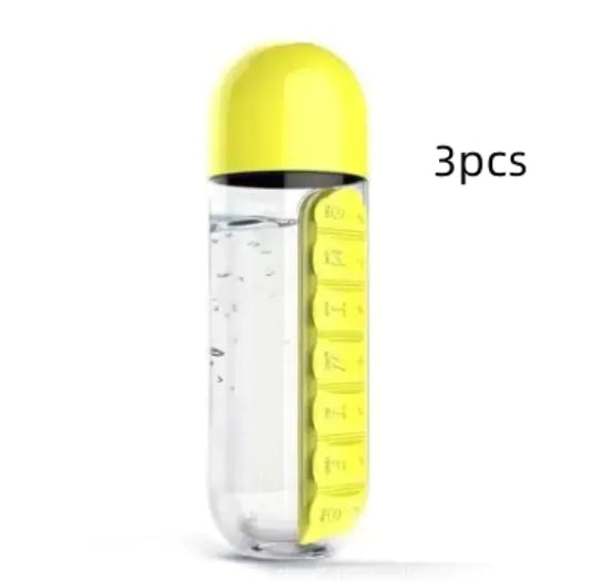 2-in-1 Medicine Bottle & Cup – 600ml in yellow with pill organizer, made of non-toxic PC plastic.